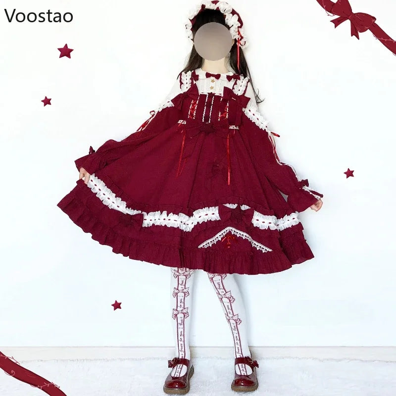 Original Japanese Sweet Lolita Op Dress Women Cute Little Star Ruffles Long Sleeve Princess Dress Female Kawaii Tea Party Dress