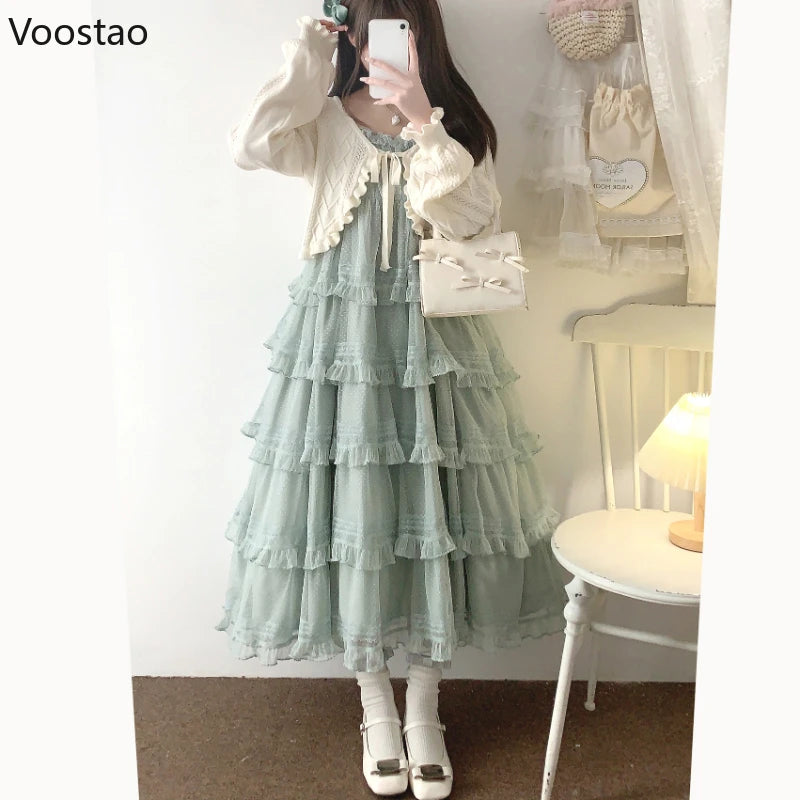 Sweet Elegant Lolita Style Midi Dress Women Kawaii Cute Ruffles Sleeveless Sand Beach Fairy Dresses Female Korean Princess Dress
