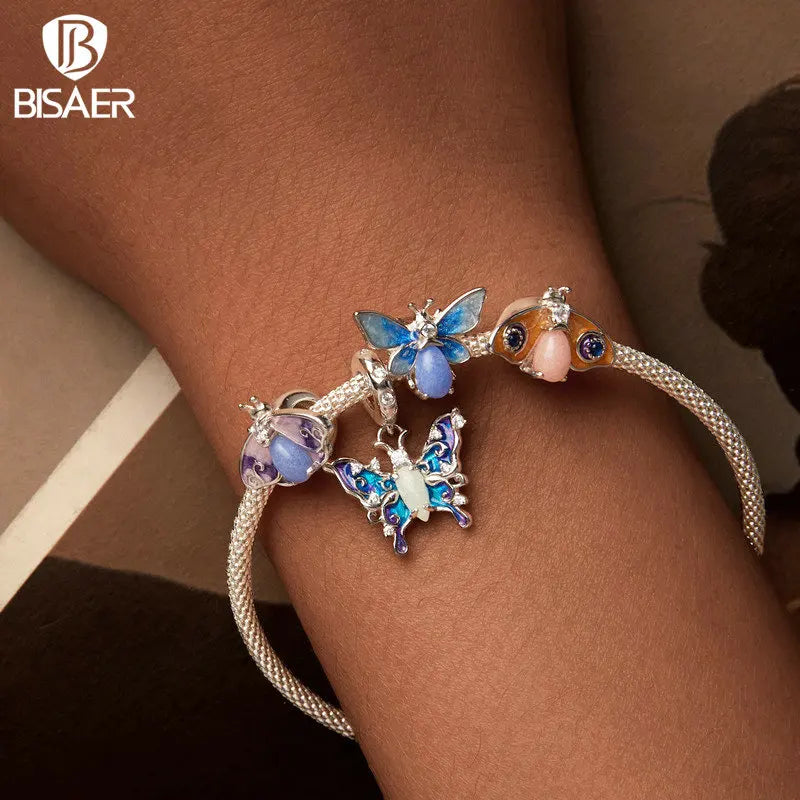 BISAER 925 Sterling Forever Luminous Star Wishing Bottle Charm Bead Moon Cat Owl Pendant Fit Women DIY Bracelet Fine Jewelry