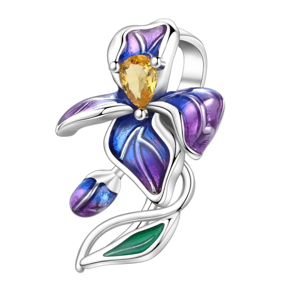 PANPOKI 925 Sterling Silver Blue Purple Iris Flower Beads Original Pendants Bracelet Charm Jewelry Party DIY Trendy Gifts