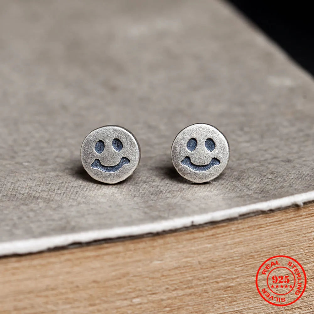 MKENDN Punk Creative Retro Smile Earring Real 925 Sterling Silver Men Women Couple Stud Earrings Personality Trendy Jewelry