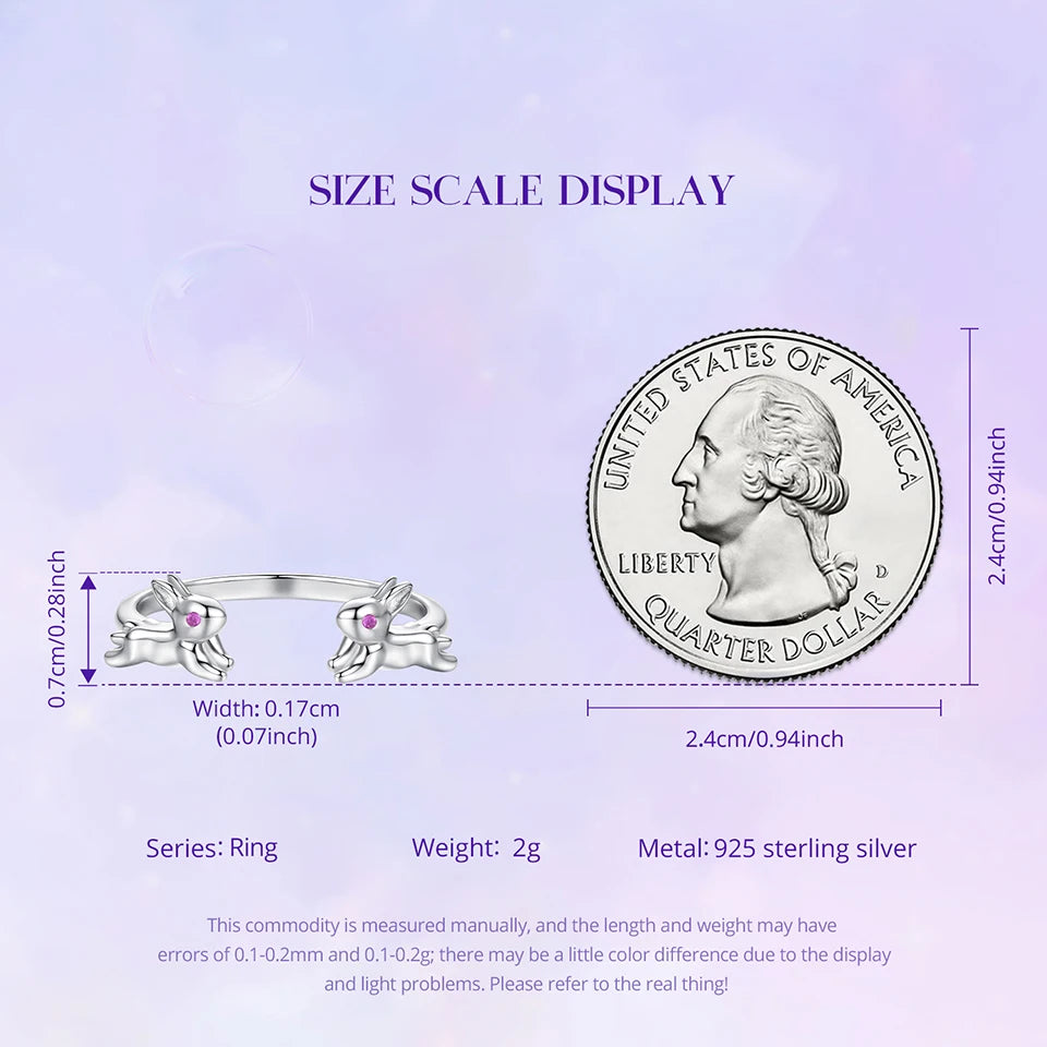 WOSTU Double 3D Rabbit Ring with Rose Red Eyes, Real 925 Sterling Silver Open Adjustable Animal Open Rings Cute Dainty Jewelry