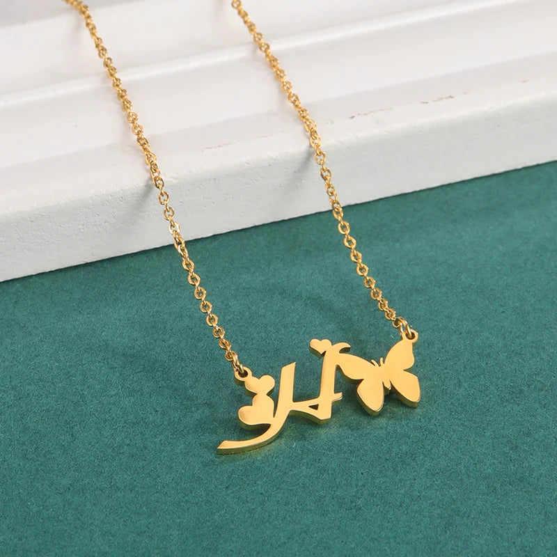 New Fashion 26 Initials Letter Pendant Butterfly Necklace for Women Elegant Stainless Steel Gold Color Necklace Jewelry Gift