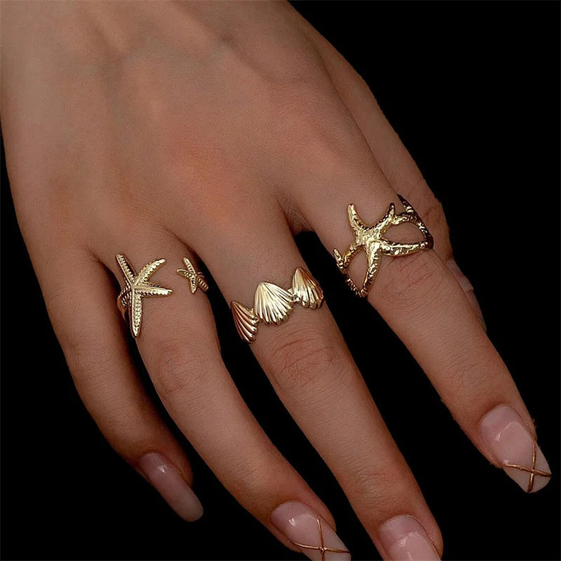 Bohemia Starfish Ring Set for Women Gold Color Sun Sea Shell Geometric Opening Adjustable Finger Rings Vacation Beach Jewelry