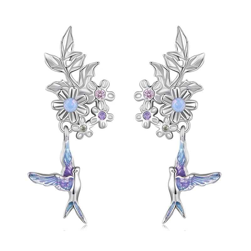 WOSTU 925 Sterling Silver Purple Flower & bird Stud Earrings For Women Spring Jewelry Gift For Family Daughter Girl Mom CQE1863