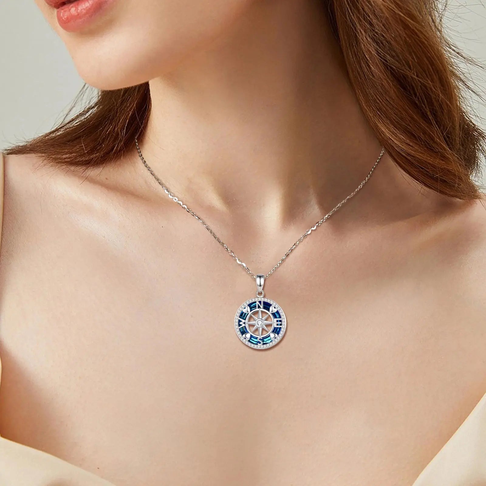 Sterling Silver with Austrian Crystal Compass Pendant Necklace - Madeinsea©
