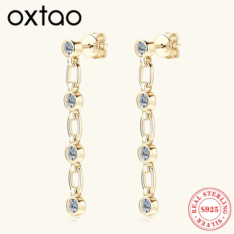 OXTAO Long Tassel Earrings 3mm Moissanite Dangle Earrings Ladies 925 Sterling Silver Piercing Earring Wedding Drop Jewelry Gift