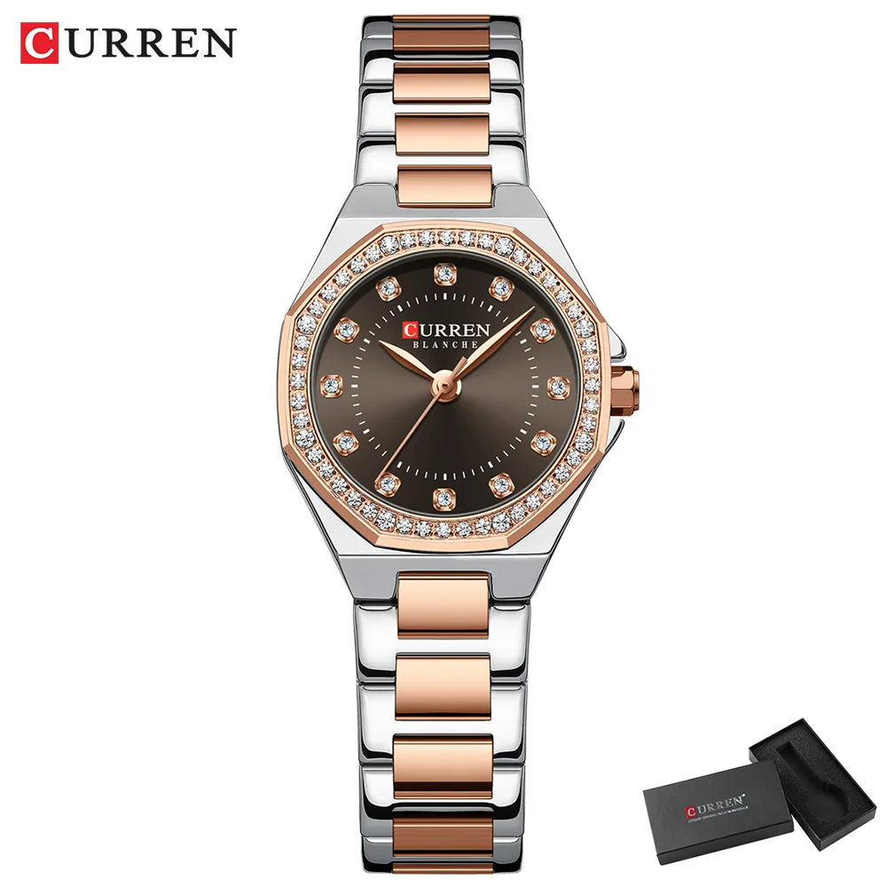 CURREN Luxury Elegance Watch for Women Simple Quartz Wristwatches with Sparkling Rhinestones Stainless Steel Bracelet Waterproof