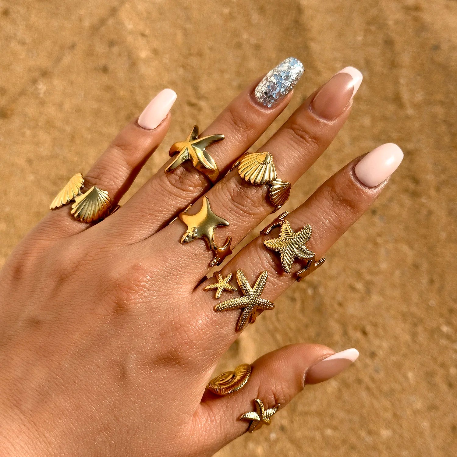 Vintage Shell Rings For Women Gold Color Stainless Steel Starfish Conch Adjustable Finger Ring Summer Ocean Beach Party Jewelry