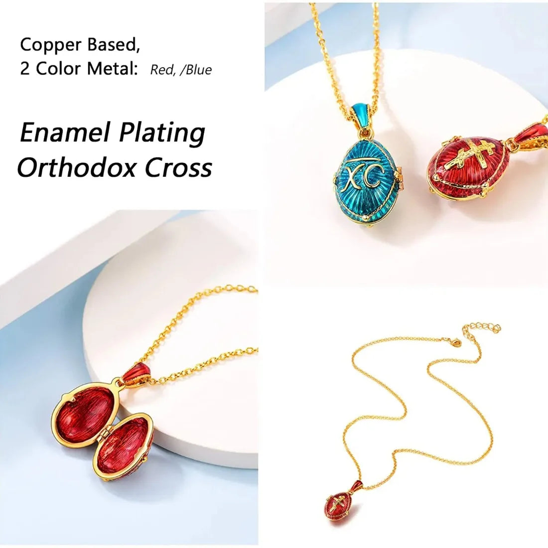 Chainspro Orthodoxe Medaillon-Halsketten mit Kreuz und Ei, oval, für Damen, Anhänger, 45,7 cm Kette, 14 Karat vergoldet, Emaille, Gedenkschmuck für Sie