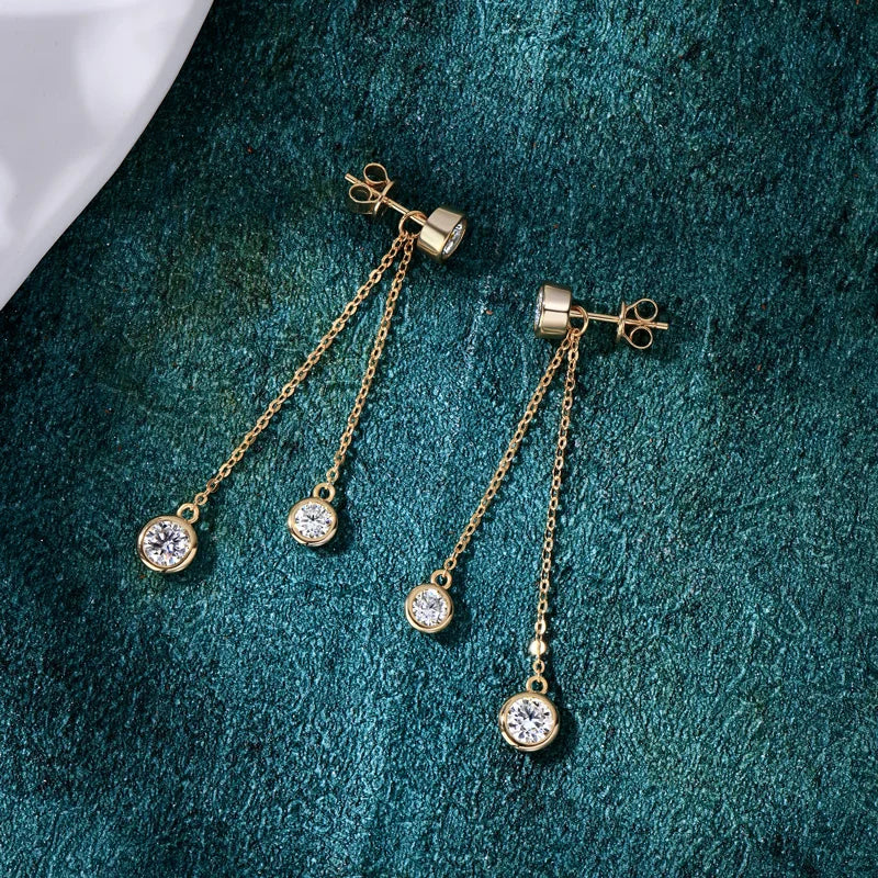OXTAO Long Tassel Double Chain Earrings 925 Sterling Silver Round Cut Bezel Set D Color Moissanite Drop Earrings Jewelry Gift