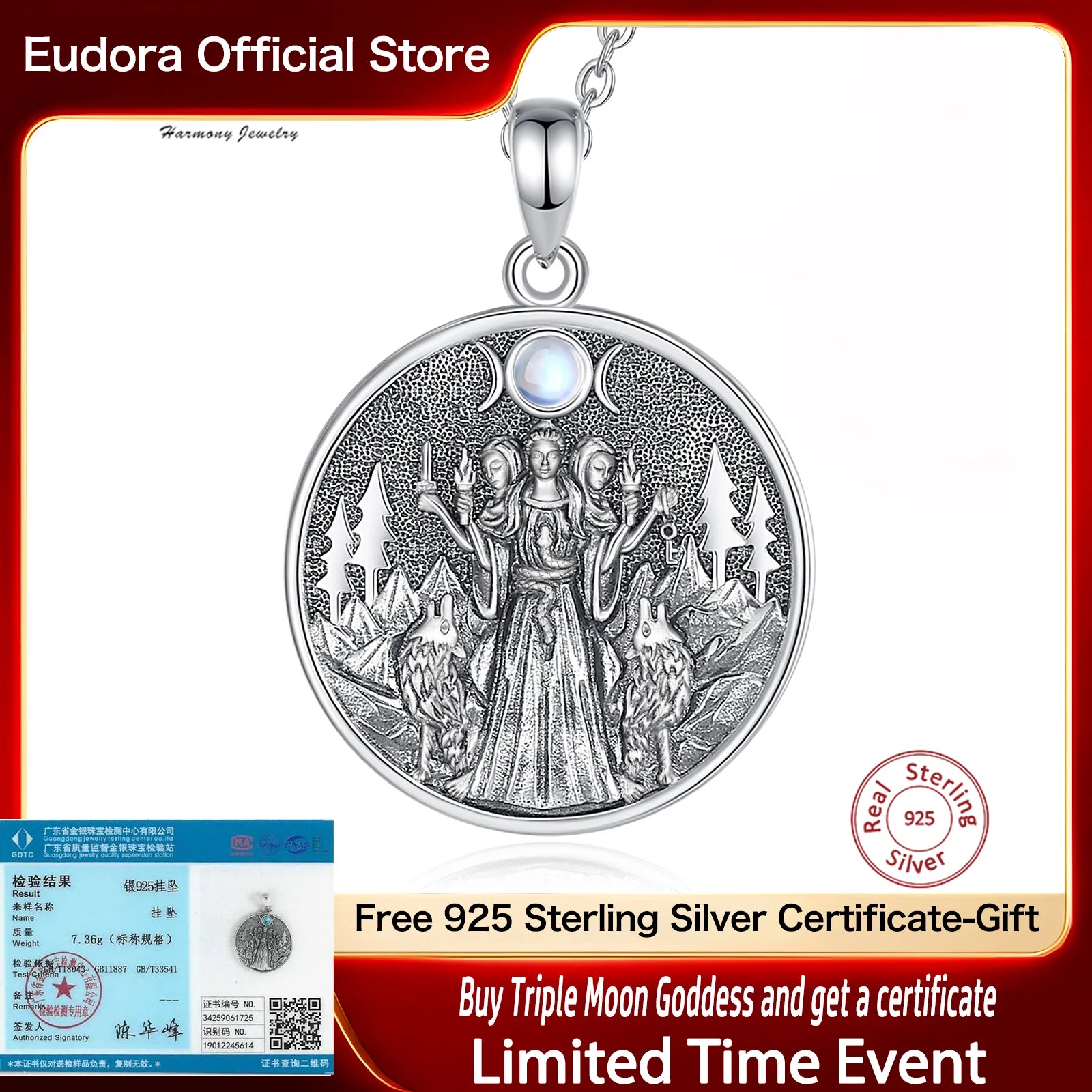 Eudora 925 Sterling Silver Hecate Dog Necklace Triple Moon Goddess Amulet Pendant Moonstone Triple Goddess Jewelry Women Gift