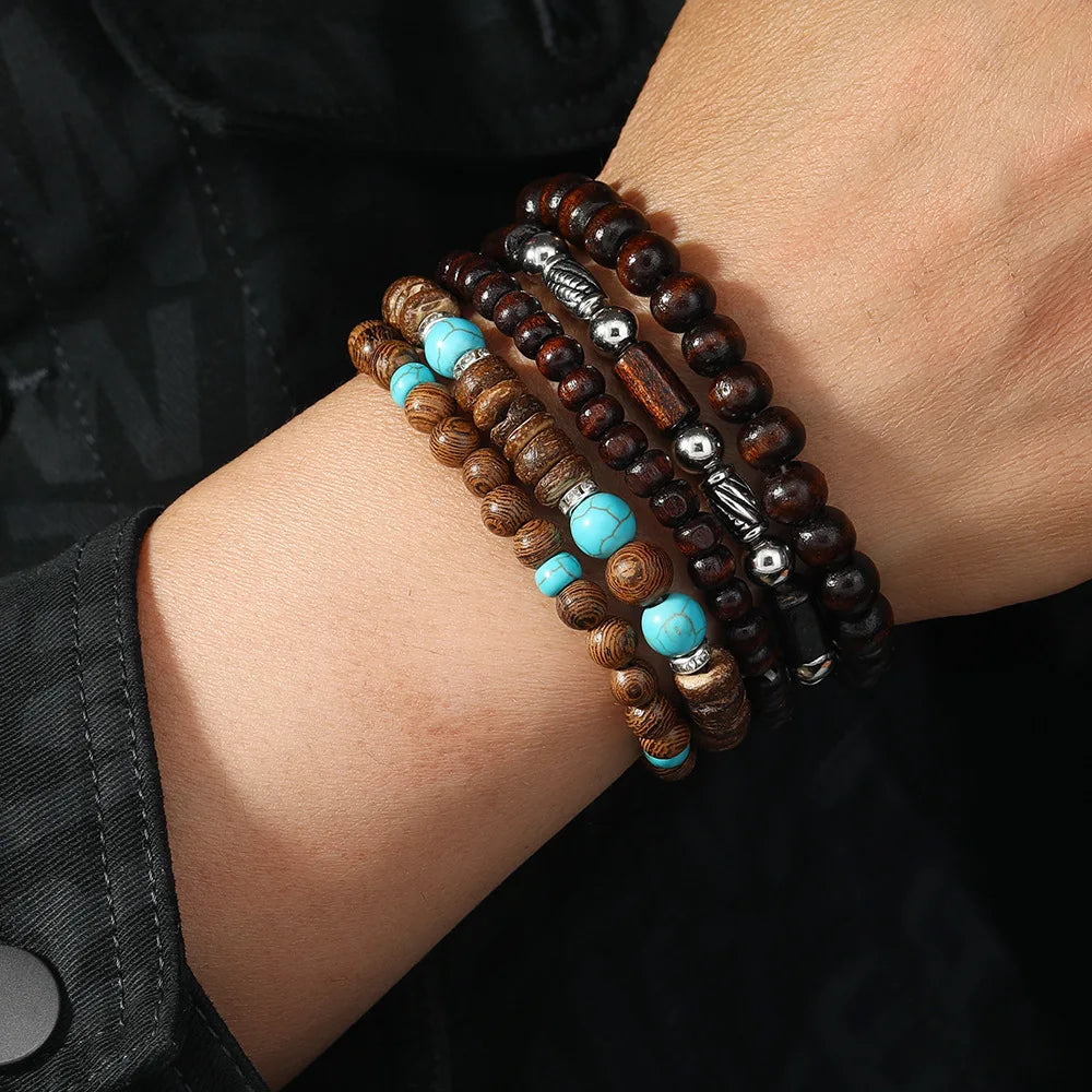 4Pcs/ Set Braided Wrap Leather Bracelets for Men Vintage Life Tree Rudder Charm Wood Beads Ethnic Tribal Wristband Rope Bracelet