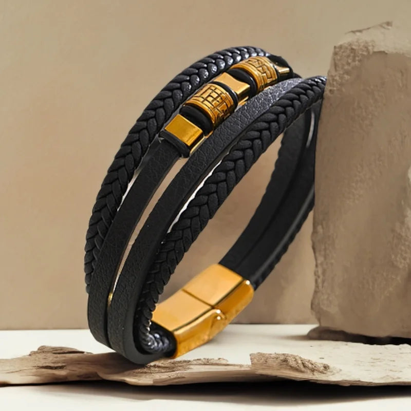 MKENDN Handmade Braided Multi-Layer Leather Bracelet for Men Waterproof Stainless Steel Bracelets Personalized Male Jewelry Gift