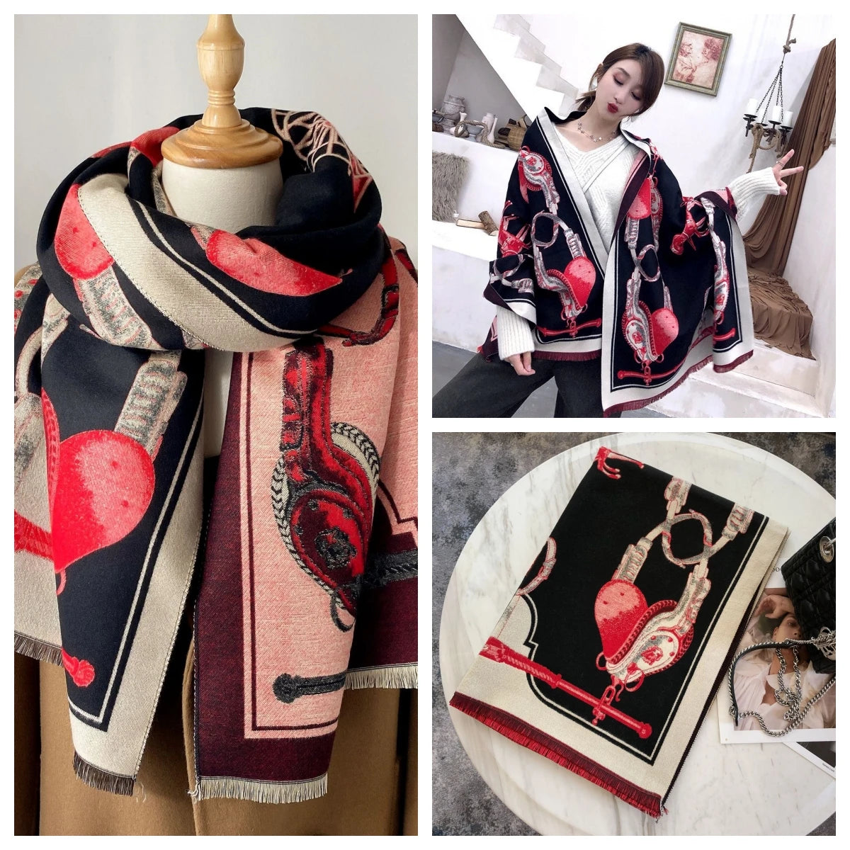 Women's Autumn Winter Horse Pattern Scarf New Luxury Cashmere Feeling Large Blanket Wrap Soft Warm Brand Shawl Retro & Classical - Madeinsea©