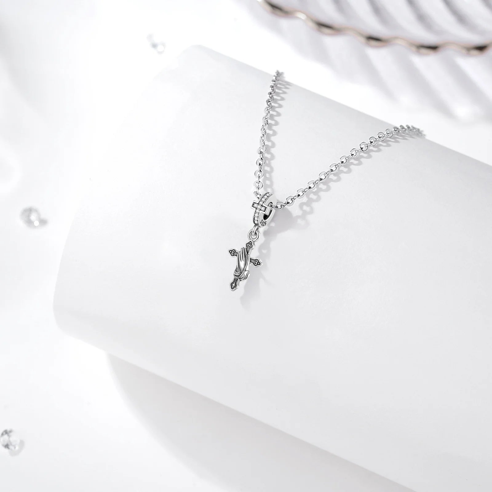 Eudora 925 Sterling Silver Vintage Cross Prayer Hands Pendant Necklace DIY Zircon Christianity Religious Jewelry for Women Men