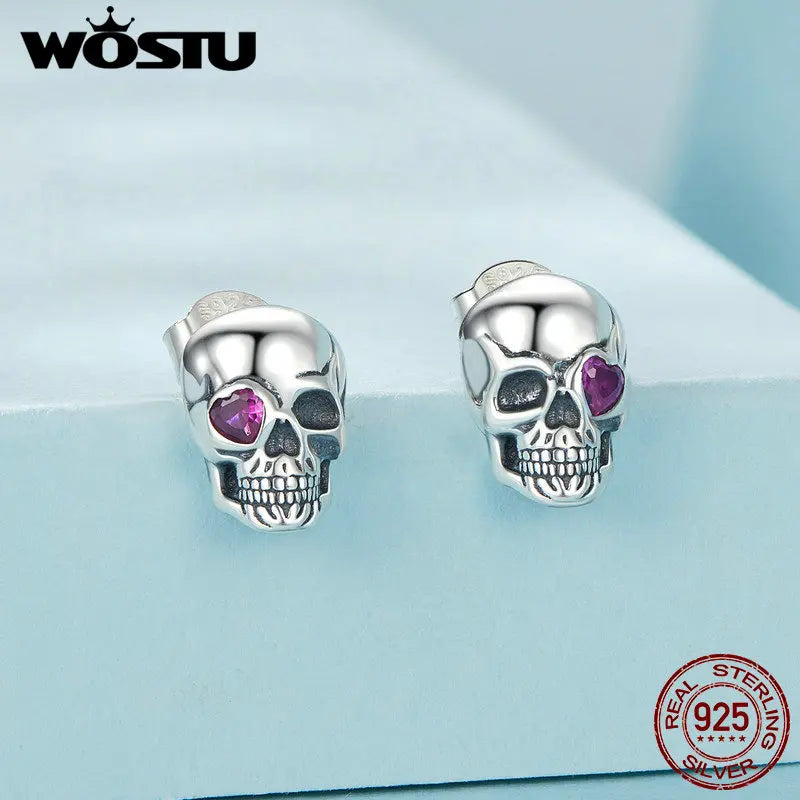 WOSTU Real 925 Sterling Silver Vintage Skull Stud Earrings For Women Rose red Heart Zircon Studs Earring Punk Jewelry Party Gift