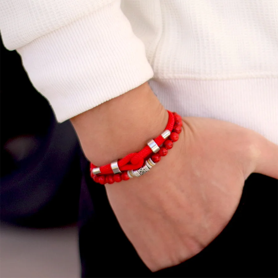 Stylish 2Pcs Men Bracelet Set 4mm Grade A Rope Charm Braslet 6mm Lava Onyx Stone Beaded Braclet Good Luck Red Cord Brazalete