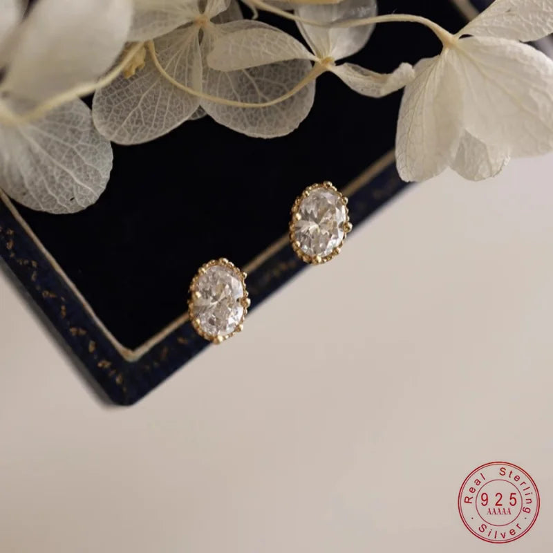 925 Sterling Silber vergoldet 14 Karat Gold Retro Oval Zirkon Ohrringe für Frauen Französisch Temperament Schmuck Zubehör