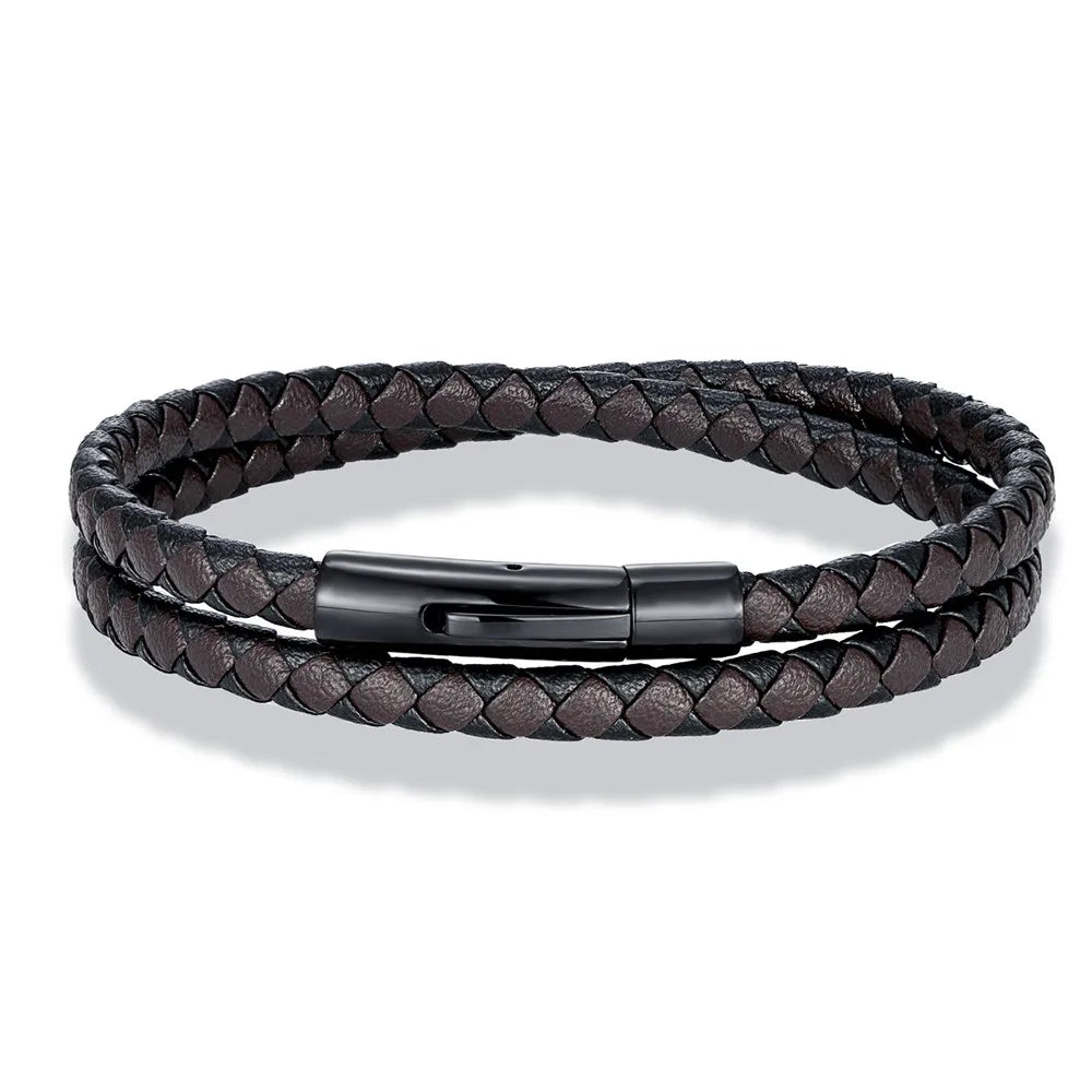 MKENDN Klassisches, schlichtes, blau-schwarzes geflochtenes Lederarmband für Herren und Damen, handgefertigt, gewebt, doppellagiges Design, Edelstahlschmuck