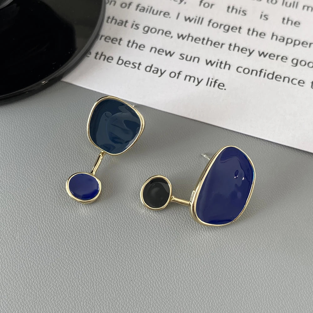 AENSOA Korean Navy Blue Round Tassel Hanging Earrings for Women Fashion Geometric Circle Pearl Drop Earrings Statement Jewelry