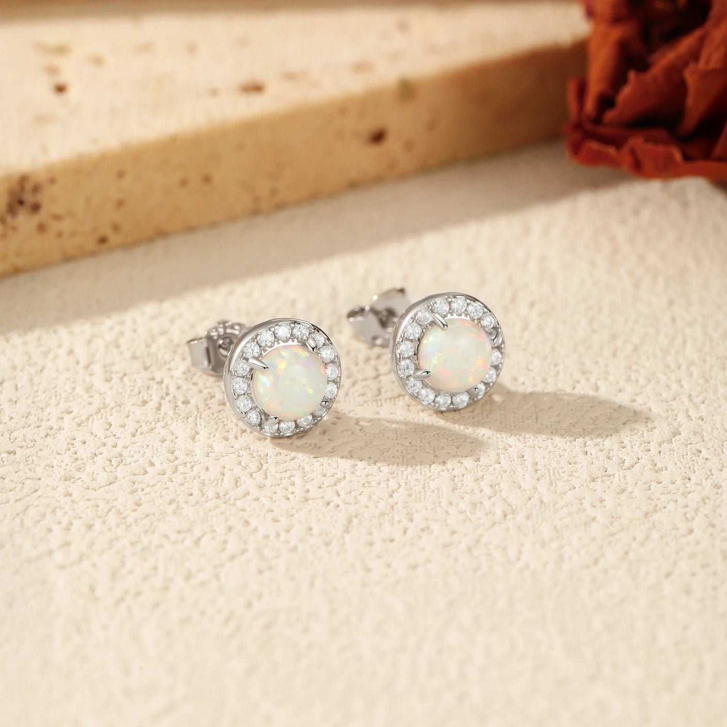 MODIAN 925 Sterling Silver Minimalist Round Opal Halo Ear Studs Daily Wear Studs Earrings For Women OL Fine Jewelry