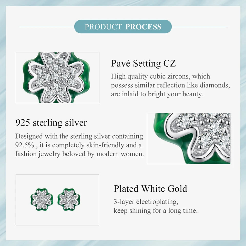 WOSTU Real 925 Silver Lucky Four Leaf Clover Stud Earrings, Green Enamel Sparkling CZ Studs for Women Daily Wear Valentine Gift