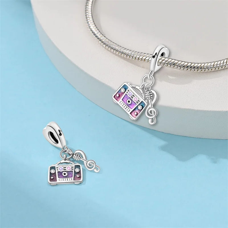 Romantic Music Charms Beads 925 Sterling Silver Piano Violin Red Guitar Punk Saxophone Pendants Fit Qikaola Bracelet DIY Jewelry
