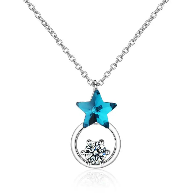 100% 925 Solid Sterling Silver Necklace Women Girl Sweet Star Blue CZ 40cm Short Clavicle Necklace For Teen Jewelry DS981