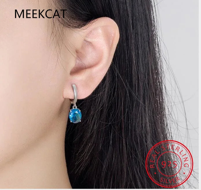 Oval Genuine Natural Blue Topaz 925 Sterling Silver Stud Earrings for Women Fashion Statement Gemstone Jewelry