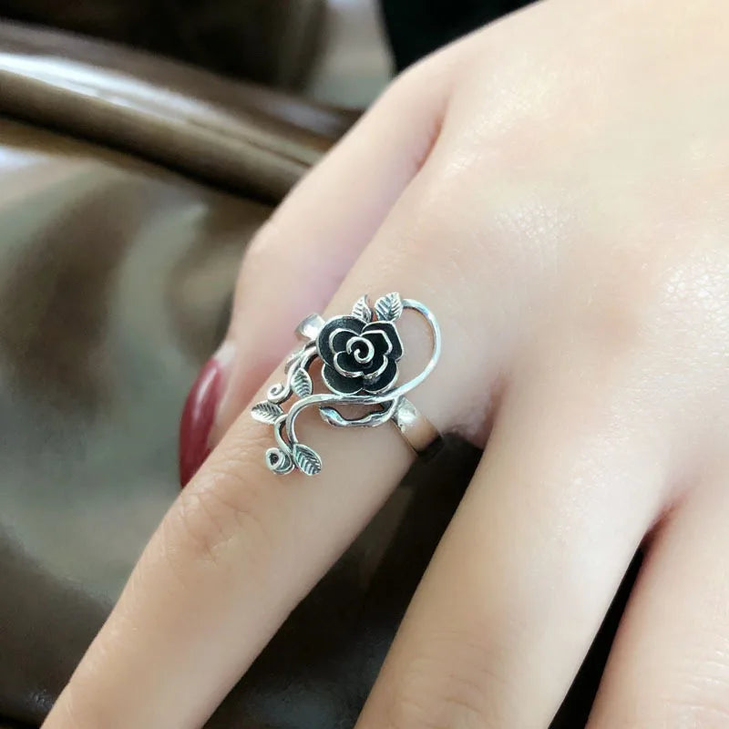 Buyee 925 Sterling Silber Großer Blumenring Finger Grau Rose Offener Ring für Frau Mode Ethno Feiner Schmuck Kreis mit Box