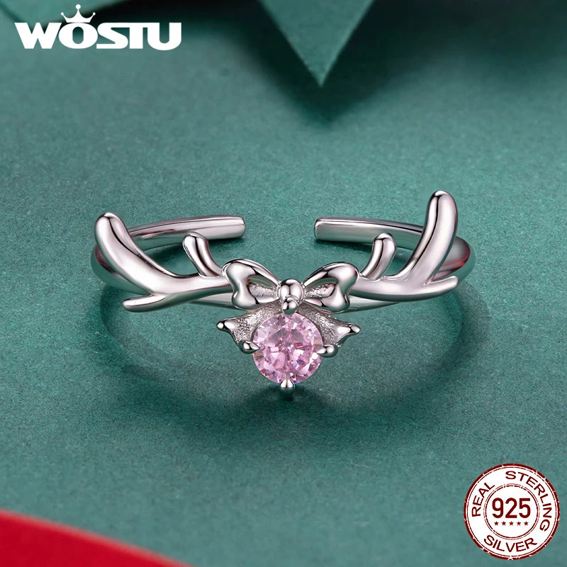 WOSTU 925 Sterling Silver Pink Crystal Christmas Reindeer Ring with Bow For Women, Sweet Xmas Jewelry Gift Stackable Rings