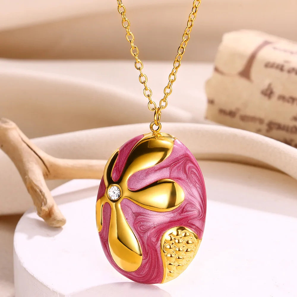 Colliers avec pendentifs ovales en émail et strass pour femme, couleur or, en acier inoxydable, style bohème, bijoux, cadeau, vente en gros