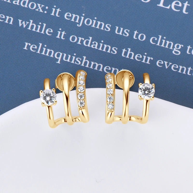 OXTAO Round Moissanite Hoops Earrings Fashion Half Open Cuff Real 925 Silver Piercing Stud Earrings Jewelry Gift for Women