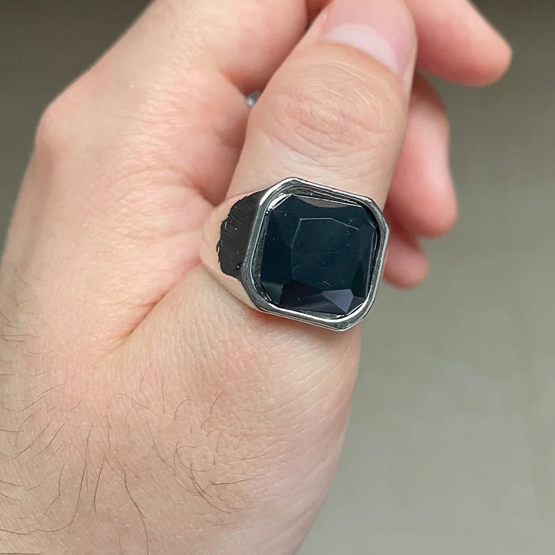 Retro Black Glass Onyx Ring For Men Alloy Classic Fashion Designer Ring Handmade Jewelry Rock Hiphop Accessories Unisex Gift