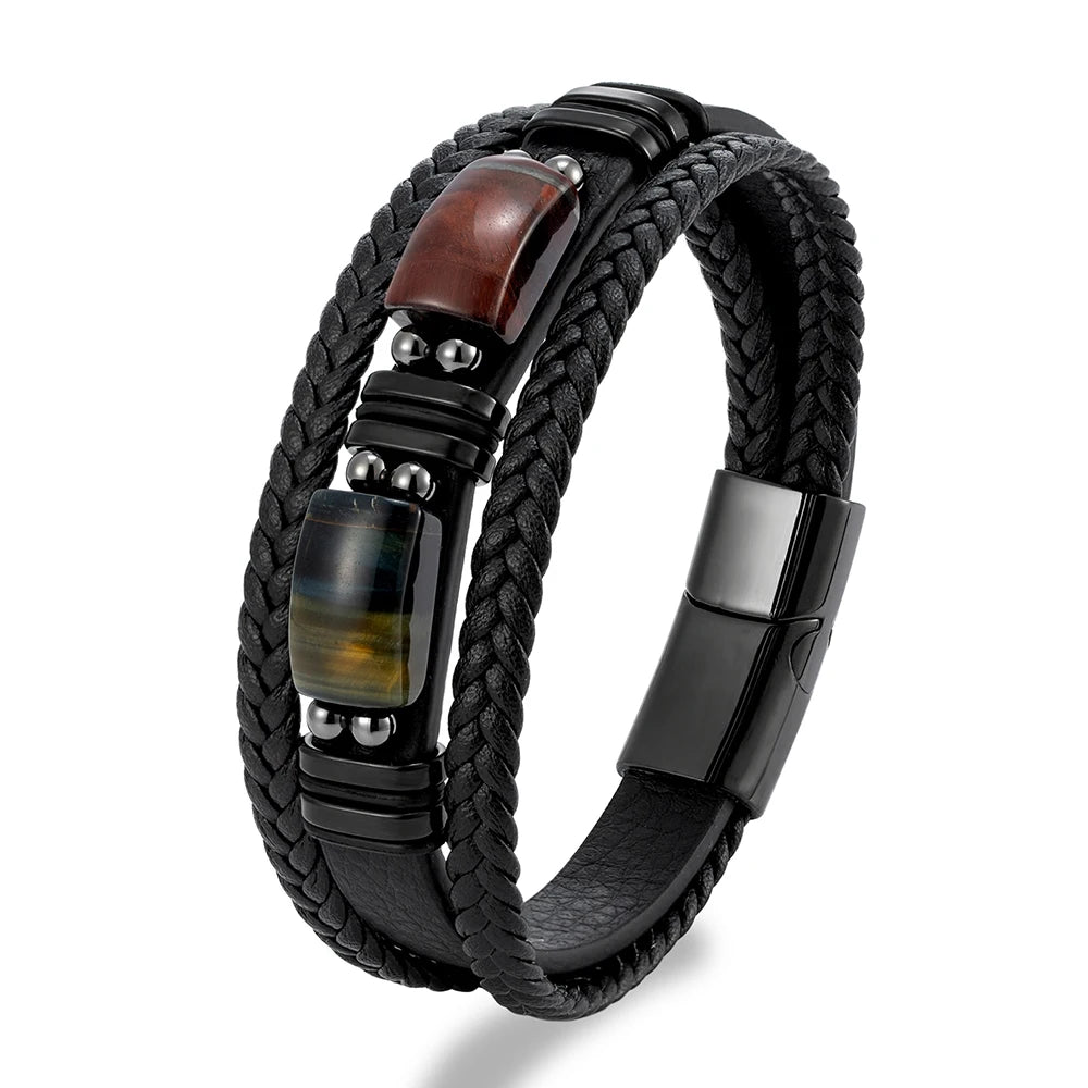 MKENDN Natural Tiger Eye Stone Men Bracelet Handmade MultiLayer Braided Leather Bangles Black Stainless Steel Jewelry