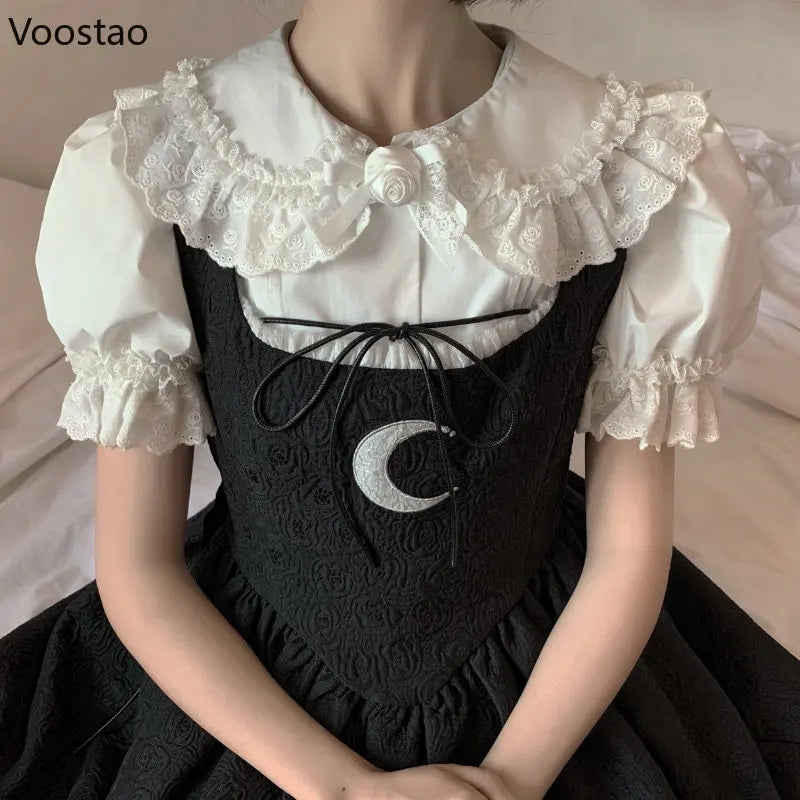 Vintage Victorian Kawaii Lolita Shirts Women Gothic Lace Ruffles Rose Peter Pan Collar Removable Long Sleeve Blouses Sweet Tops