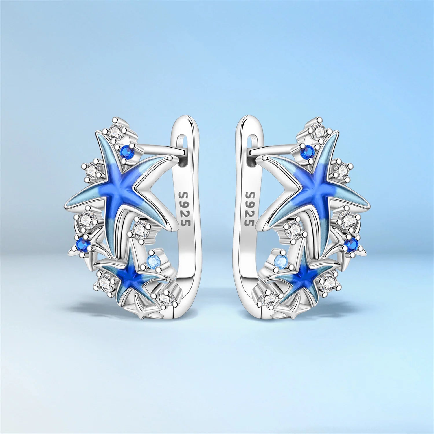 PANPOKI S925 Sterling Silver Dreamy Blue Starfish Earrings Hoop Earrings For Women Jewelry Original Party Trendy Gifts