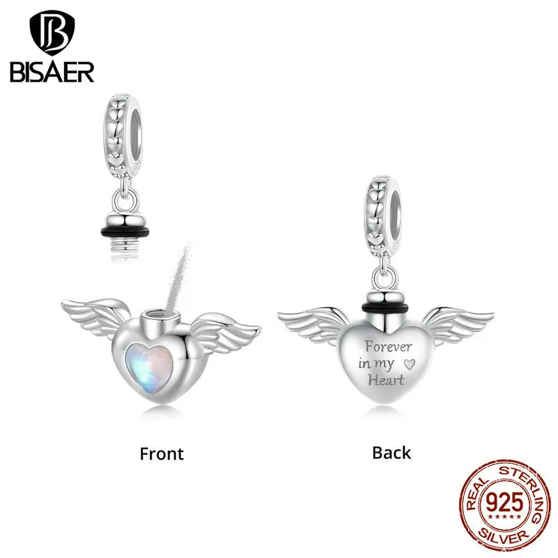 BISAER Pendentif en argent sterling 925 pour cendres d'animaux de compagnie, breloques en forme d'ailes de cœur, perles pour bracelet et collier à faire soi-même, bijoux fins