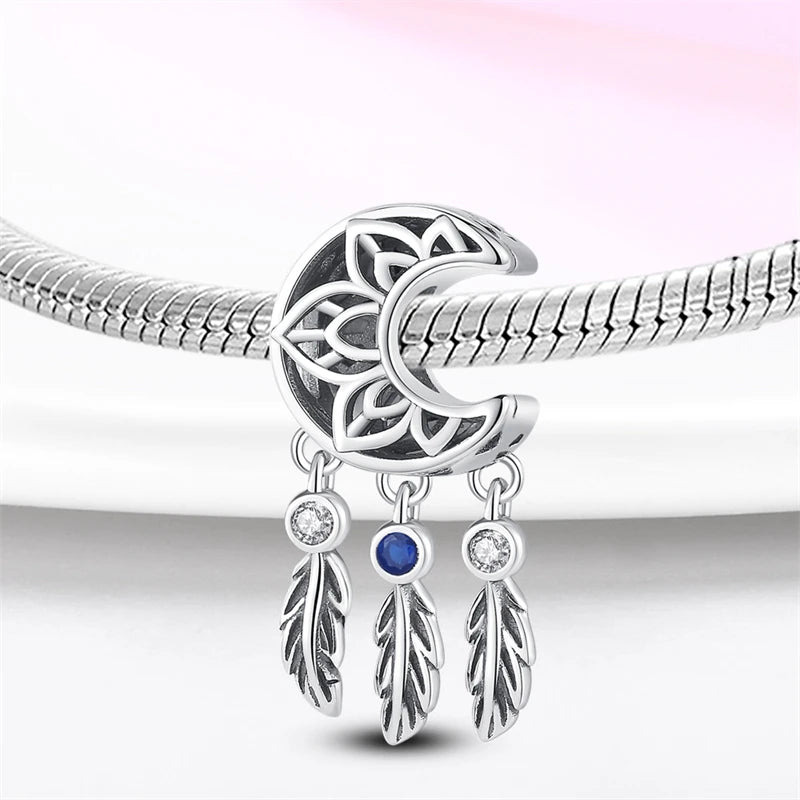 Dreamcatcher Series - Original Genuine 925 Sterling Silver Zircon Moon Sun Charm Beads Suitable 3mm Bracelet DIY Making Pendant