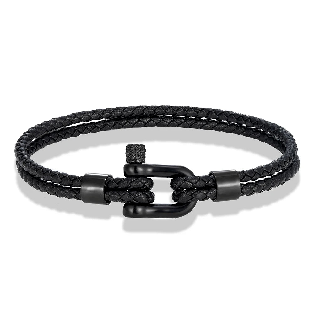 MKENDN Schwarzes Edelstahl-Schäkelarmband, schlichtes zweilagiges blaues Lederarmband für Damen und Herren, handgefertigter nautischer Schmuck
