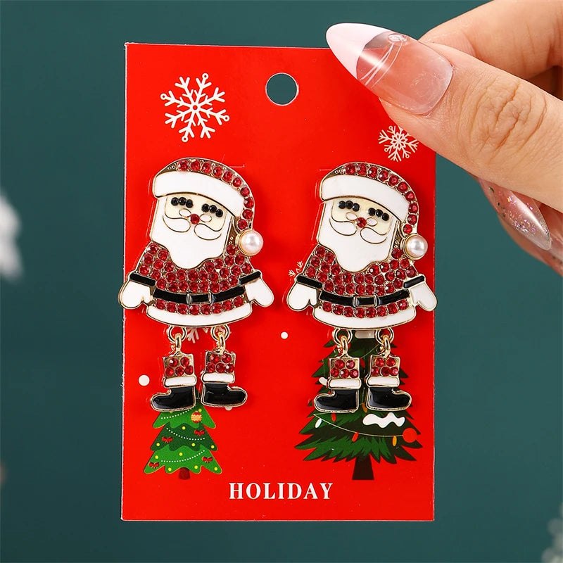 Christmas Drop Earrings For Women Shiny Rhinestone Santa Claus Xmas Tree Snowman Elk Snowflake Long Tassel Dangle Earring Gifts