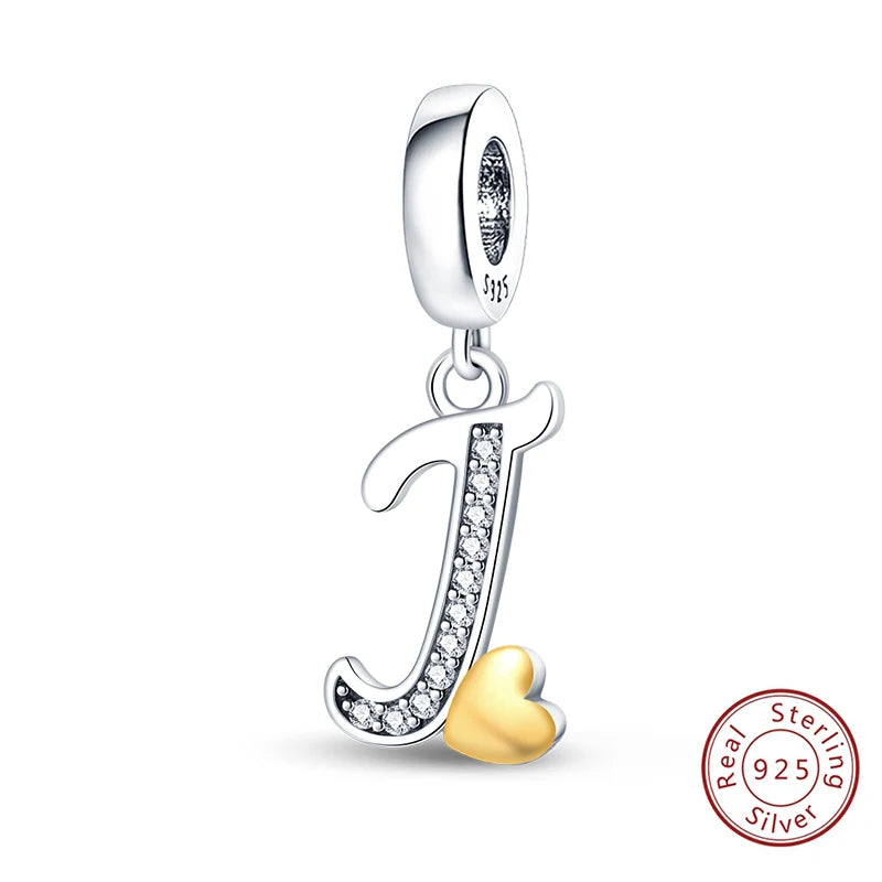 Classic 925 Sterling Silver 26 Gold Color Heart Zircon Letter A-Z Charms Beads Fit Original Bracelets DIY Birthday Jewelry Gift