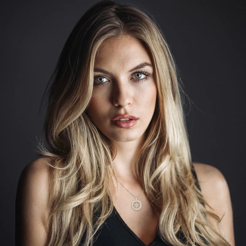 OXTAO 925 Sterling Silver Compass Pendant Necklace 1.0mm Cubic Zirconia Ladies Clavicle Chain Necklace Birthday Party Gifts