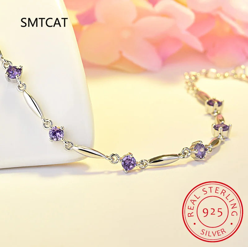 Round Natural Amethyst 925 Sterling Silver Bracelet for Women Fashion Purple Gemstone Statement Jewelry Pulseiras De Prata