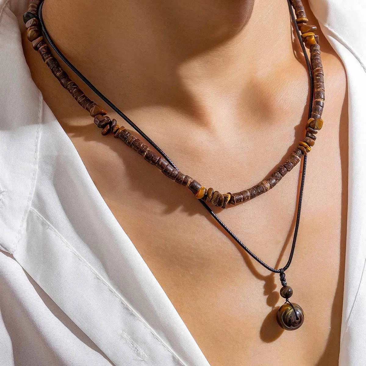 Collier de clavicule en chaîne de gravier géométrique ethnique vintage Salircon Boho collier de chaîne de perles en bois de coquille de noix de coco bijoux de cou pour hommes