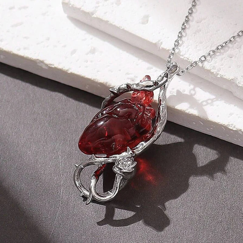 Collier pendentif fleur et épines en cristal rouge foncé pour femme et unisexe, style gothique punk, ras-de-cou en forme de cœur, squelette et crâne, bijou d'Halloween