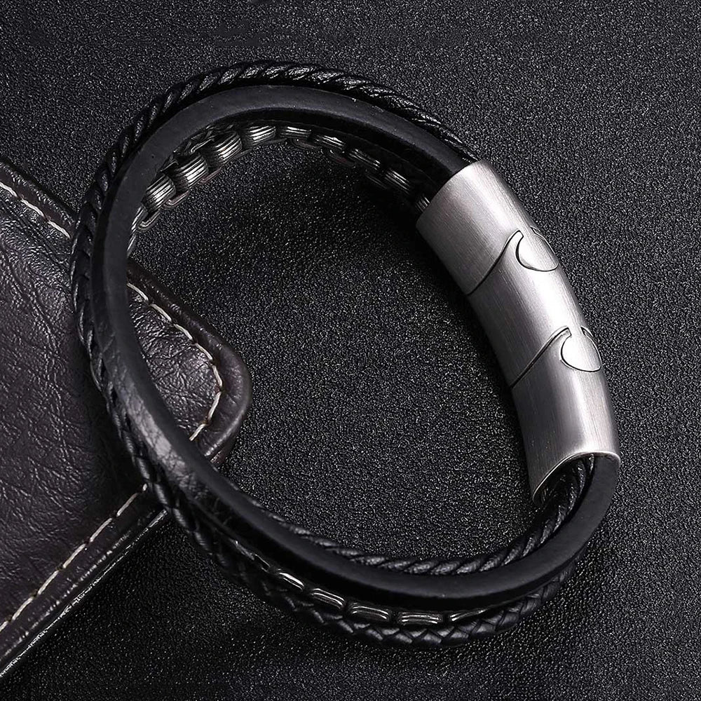 MKENDN Locomotive Men Punk Rock Oxidized Stainless Steel Round Box Chain Leather Cord Bracelet Chain Accessory Male Gifts