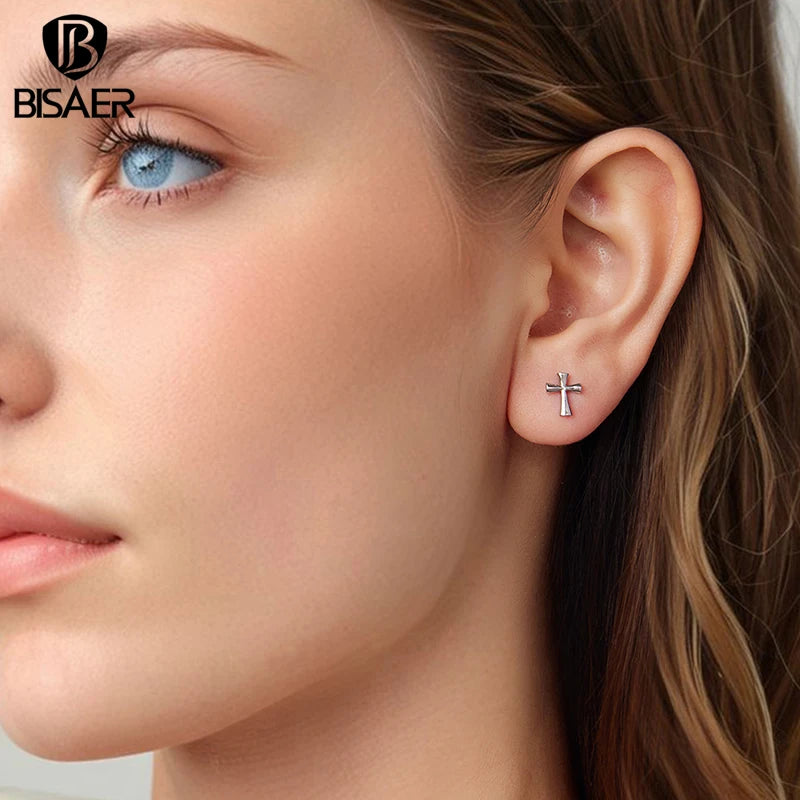 BISAER 925 Sterling Silver Cross Stud Earrings,Dainty Lightweight Hypoallergenic Stud Ear for Religious Women Party Fine Jewelry