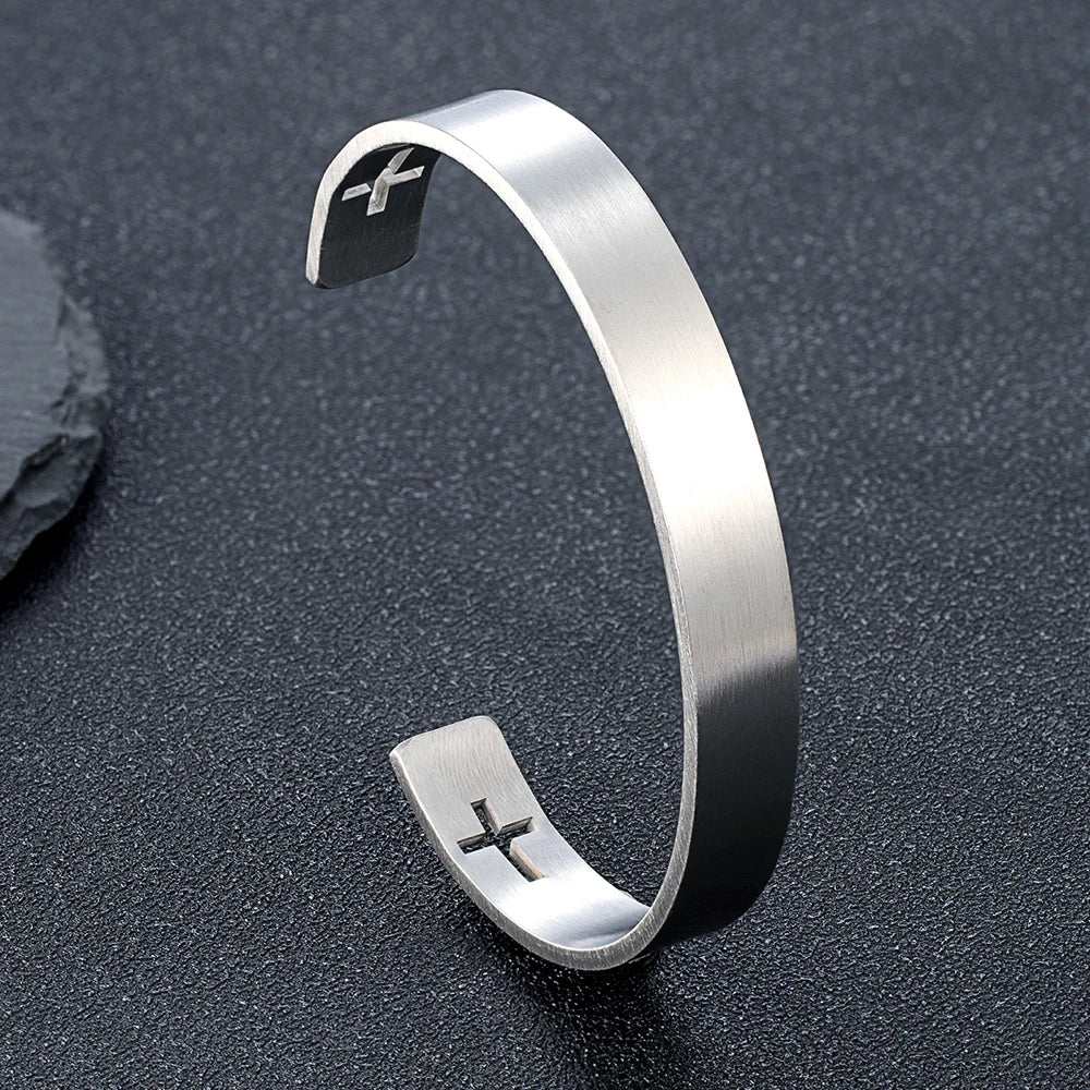 Gold Color Stainless Steel Cross Cuff Bracelet for Men Carving Design Fashion Wristband Hand Accessory Perfect Gift for Him